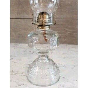 Vintage Clear Glass Wedding Scroll Base Oil Lamp Paneled Font White Flame Light